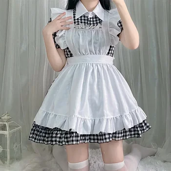 2022 Siyah ve Beyaz Ekose Sevimli Lolita Hizmetçi Kostümleri Kızlar Kadınlar Güzel Cosplay Kostüm Animasyon Gösterisi Kıyafet Elbise Elbise