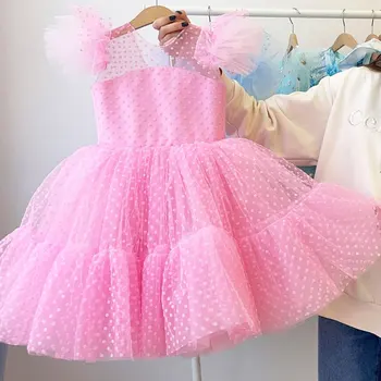2023 kız çocuk yaz elbisesi Doğum Günü Partisi Prenses Elbise Çocuk Polka Dots Elbise Çiçek Kız Düğün Kabarık Elbiseler Vestidos