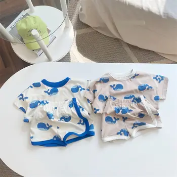 2023 Yaz Yeni Bebek Kısa Kollu Giyim Seti Bebek Erkek Sevimli Köpekbalığı Baskı T Shirt + Şort 2 adet Takım Elbise Toddler Kız Kıyafetler 9M-4T