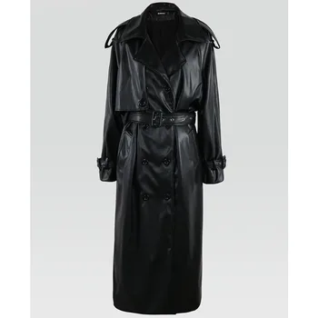 2023 Yeni Kadın Kemer Kruvaze Gevşek Lüks Palto İlkbahar Sonbahar Uzun Serin Siyah Pu Deri Trençkot Uzun Sıcak Ceket