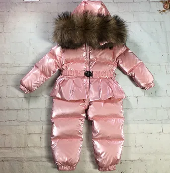 2023 Yeni Kış çocuk Giyim Kızlar için Kaz Tüyü Sıcak Pembe kız Kış Ceket Gerçek Rakun Kürk Yaka 0-4 Yıl
