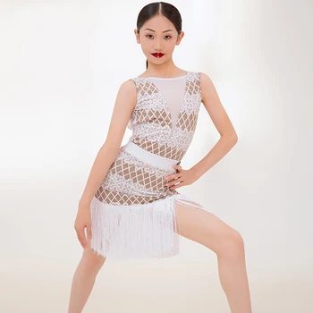 2023 Yeni Latin Dans Yarışması Elbise Kızlar İçin Beyaz kolsuz üstler Saçaklı Etek Takım Elbise Çocuk Latin Dans Elbise DQS13687