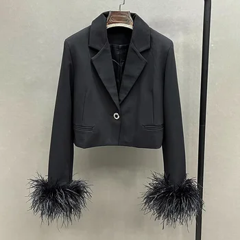 2023 Yeni Tasarım Kadın Bahar Blazer Doğal Tüy Manşet Bayan Takım Elbise Siyah Kısa Ceket Tek Düğme S5454B
