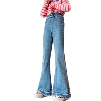 5-14T Genç Kızlar Mavi Çizme Kesim Pantolon Çocuklar Bebek Kız Bahar Sonbahar Giysileri Yüksek Elastik Flare Kot Streetwear Çocuk Kıyafetler