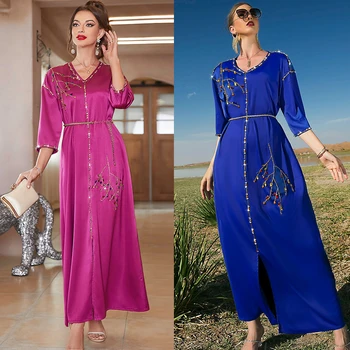Akşam Parti Elbiseler Kadınlar için Elmas Saten Uzun Elbise Eid Mubarak müslüman uzun elbise Dubai Türkiye Kaftan İslam Giyim Arap Elbisesi