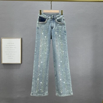 Ağır Kot Kadınlar için Moda 2023 Yeni Bahar Yaz Yüksek Bel Gevşek Elmas Paspas Pantolon Kadın Yıkanmış Rahat Jean Pantolon