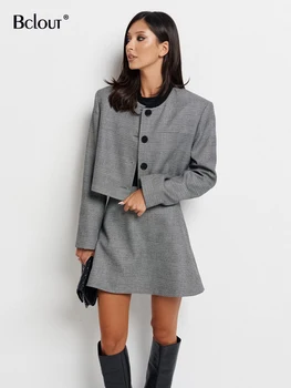 Bclout Sonbahar Ekose Gri Etek Setleri Kadınlar 2 Parça Zarif Ofis Bayan Uzun Kollu Palto Moda Katı A-Line Mini Etek Takım Elbise