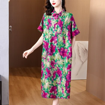 Boho Çiçek İpek Zarif Rahat kadın Elbise Yaz Kısa Kollu Polo Yaka Ofis Bayan Elbise 2023 Kore Vintage Parti Elbise