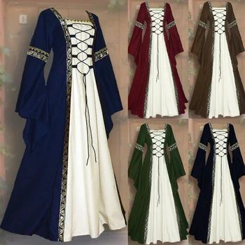 Cadılar bayramı Kadınlar Avrupa Ortaçağ Mahkemesi Fantezi Vampir Cosplay Kostüm Karnaval Vintage Straplez Uzun Kollu Kraliçe Zarif Elbise