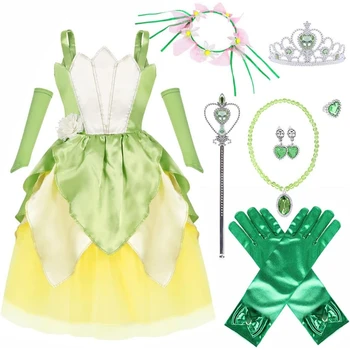 CMS Tiana Elbise Kızlar için Yeşil Peri Kurbağa Doğum Günü fantezi parti elbiseleri Cadılar Bayramı Elf Kostüm Kıyafetler Aksesuarları ile (5-6T)