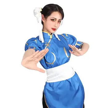 DAZCOS 4 adet / takım Oyun Chun-Li Cosplay Kostüm Mavi Cheongsam Kafa Çörekler Beyaz Elastik Kemer ve Siyah Külotlu hortum Cadılar Bayramı Yeni