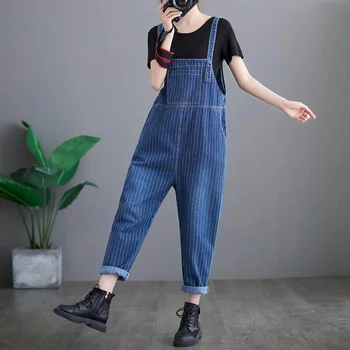 Denim Tulumlar Kadınlar için Gevşek Kore Moda Harajuku Düz Pantolon Tek Parça Kıyafetler Kadın Tulum Rahat Vintage Playsuits