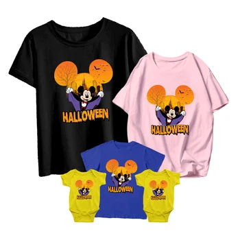 Disney Cadılar Bayramı Mickey Karakter Baskı Ebeveyn-Çocuk T-Shirt Yetişkin Unisex Moda Rahat Vahşi Rahat Yaz Kısa Kollu
