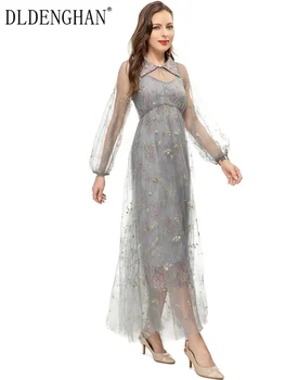 DLDENGHAN İlkbahar Yaz Kadın Elbise Boncuk Turn-aşağı Yaka Fener Kollu Örgü Nakış Vintage uzun elbise Pist Yeni