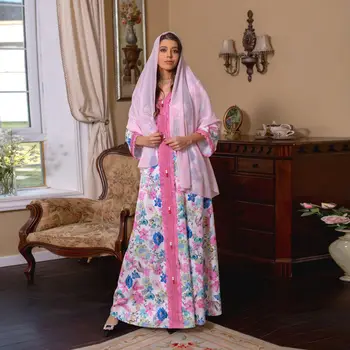 Fas Arapça Elbiseler Pembe Müslüman Elbise Abayas Dubai Kadınlar Çiçek uzun Elbiseler Kaftan Başörtüsü Elbise 2023 Yeni islami maksi elbiseler