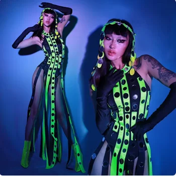 Floresan Yeşil Püskül Tulum Şarkıcı Dansçı Performans Sahne Kostüm Caz Gogo Dans Giyim Parti Rave Kıyafet