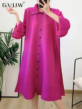GVUW İşlemeli Fişekleri Pilili Elbise Yaka Parlama Kollu Tek Göğüslü Elbiseler Zarif Gevşek 2023 Bahar Yeni Kadın 17G1007