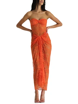 Kadın Boho Chic Çiçek Dantel Örgü Kolsuz Midi elbise ile Ön Büküm Detay ve Şeffaf Kapak Up