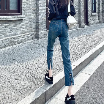 Kadın kırpılmış pantolon İlkbahar ve Sonbahar yeni yüksek belli düz bacak mikro alevlendi geri bölünmüş tasarım duygusu rahat boru pantolon