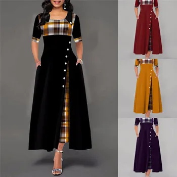 Kadın Moda Yarım Kollu Ekose Baskı Düğmesi Detay Maxi Elbise 2023 Yaz Kısa Kollu Yuvarlak Boyun Büyük askı elbise
