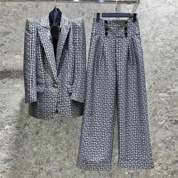 Kadın Resmi Blazer 2023 Yeni Tepe Omuz Geometrik Monogram Jakarlı Tek Düğme Ceket Zarif İş Elbisesi Ofis Ceket