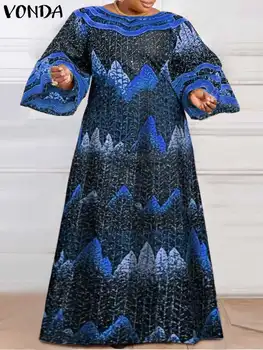 Kadınlar 2023 Yaz Maxi Elbise O-boyun Vintage Baskılı Maxi Sundress Bohemian Uzun Parlama Kollu Elbise VONDA Rahat Gevşek Femme Elbise