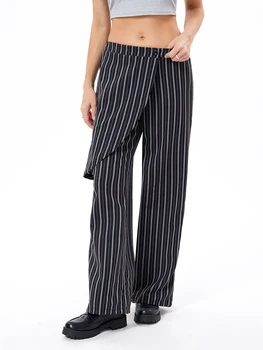 Kadınlar Casual Geniş Bacak Çizgili Pantolon Düzensiz Yüksek Belli Baggy Pantolon Gevşek Fit Uzun Düz Pantolon Y2k Streetwear
