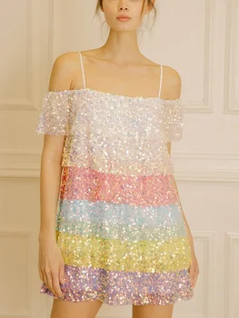 Kadınlar Sparkly Pullu Glitter Katmanlı Kısa Sling Bodycon Elbise Seksi Kolsuz Renkli Katmanlı Dans Kek Elbise Clubwear
