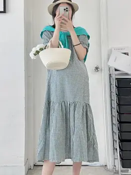 Kore Tarzı Artı Boyutu Hamile kadın elbisesi Moda Kısa Kollu O-boyun Kare Yaka Hamile Ekose Elbise Gebelik Trompet