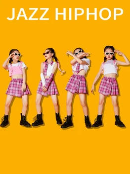 Kızlar Amigo Dans Elbise Caz Kostüm Pembe Kafes Kpop Kıyafet Çocuk Balo Salonu Hip Hop Dans Elbise Streetwear DNV16895
