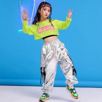 Kızlar Hip Hop Giyim Yeşil Kazak Üst veya Moda Gümüş Pantolon Çocuklar için Caz Dans Giyim Kostüm Balo Salonu Dans Elbise