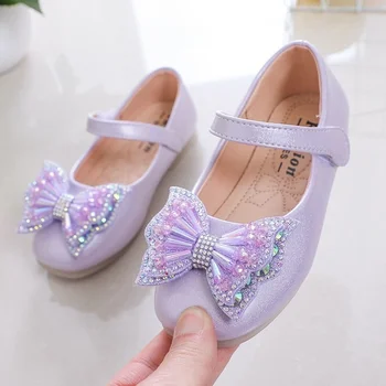 Kızlar rahat ayakkabılar Prenses Bebek Pullu Yay düz ayakkabı Moda çocuk Performans deri ayakkabı 2023 İlkbahar Yaz Yeni H155