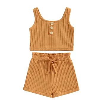 Kızlar yaz kıyafetleri Rahat Nervürlü Tank Top Ve İpli Şort 2 ADET Pijama Seti Loungewear