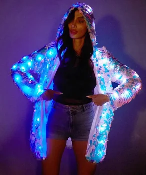 LED Ceket Sequins Light Up Giyim Rave Sahne Performansı Kıyafet Kadınlar için Cadılar Bayramı Mermaid Cosplay Takım Elbise Parti Gece Kulübü Ceket