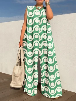 Lemongor Kadın Şık Kontrast Renk Baskılı Geniş Bacak Tulumlar 2023 Yaz Kolsuz Gevşek Rahat Tatil Kıyafet Kadınlar İçin