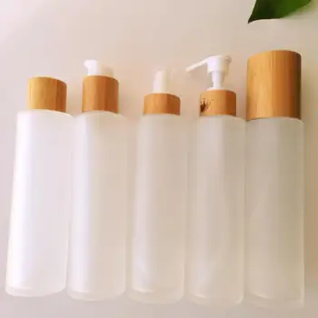 Lüks Şişeler Bambu ahşap pompa kapağı ile kaplı şampuan kapağı buzlu cam Şişeler makyaj kutusu