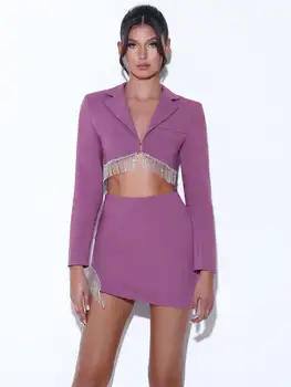 Menekşe Rengi Parlayan Elmas Püskül Kısa Üst Ve Mİni Etek 2 Parça Set Sıcak Seksi Bayan Streetwear Gece Kulübü Parti Vestido