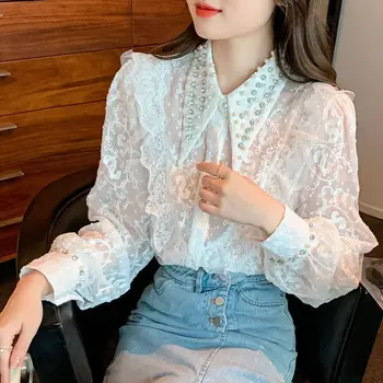 Mizaç Çivili fırfırlı gömlek kadın Bahar Moda Yaka Uzun Kollu Gömlek Üst