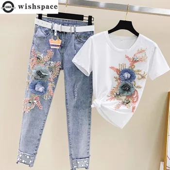 Moda kadın Takım Elbise 2023 İlkbahar ve Yaz Yeni Stil İşlemeli Kısa kollu Üst Yaş Azaltıcı Kot İki parçalı Set