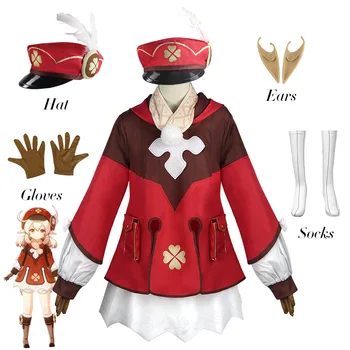Oyun Klee Cosplay Kostüm Genshin Darbe Kadın Cadılar Bayramı Karnaval Kırmızı Elbise Loli Sevimli Kıyafet Tüy Şapka Kulaklar Peruk Tam Set Sahne