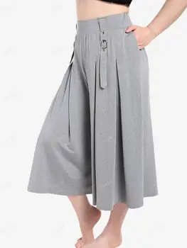 ROSEGAL Artı Boyutu Pilili Detay Toka Eğimli Cep Culotte Pantolon Düz Renk Yüksek Bel Gaucho Pantolon Buzağı Uzunlukta Pantolon Mujer