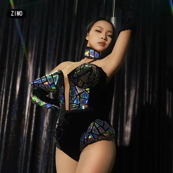 Seksi Dekolte Tulum Spandex Çok Renkli Pullu ve Uzun Eldiven Gece Kulübü Parti Yürüyüş Gösterisi Şarkıcı Giyim sürükle kraliçe Kostüm