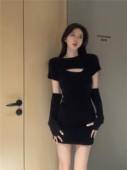 Siyah Örme Elbise kadın Sonbahar Moda Mizaç Hollow Out Uzun Kollu Ceket Bir Adım Elbise Seksi Mini Bodycon Elbise