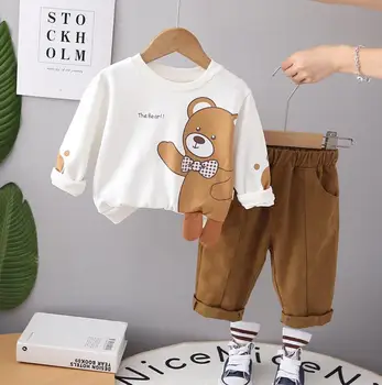 Tasarımcı Bebek Bebek Giysileri Set Bahar Sonbahar Karikatür Yay Ayı Uzun Kollu İki parçalı Set Gömlek ve Pantolon Yürüyor Boys Kıyafetler