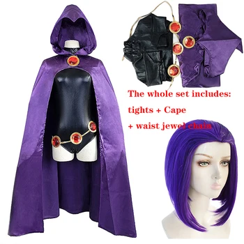 Teen Titans Raven Cosplay Kostüm Süper Kahraman Pelerin Tulumlar Zentai Cadılar Bayramı Sıkı giysiler + Pelerin + bel takı zinciri