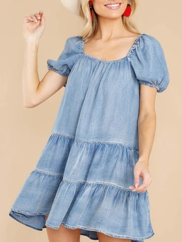 Yaz elbisesi Kadınlar 2023 Denim Mavi Elbise Vintage Kadın Moda Kore günlük kıyafetler Giyim GEVŞEK A-LİNE Mini Kare Yaka