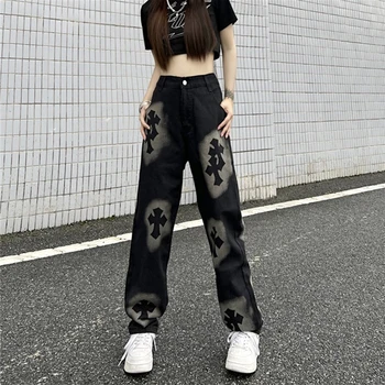 Yeni Y2K Kore Baskı Zemin Süpürme Geniş Bacak Pantolon Kadın Rahat Retro Siyah Yüksek Bel Kot 2023 Rahat Pantolon Sokak Hip Hop