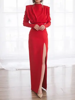 Yüksek kaliteli moda ziyafet giyim uzun kollu zarif bayanlar kırmızı elbise gece elbisesi Vestidos