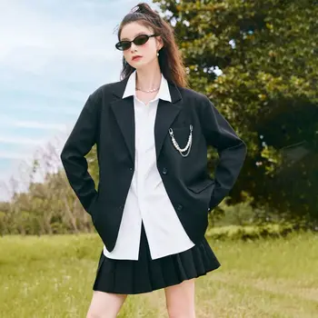Zincir Tasarım Takım Elbise Ceket kadın Orta Uzunlukta Düz Renk Gevşek Yakışıklı 2023 Bahar Yeni Serin Banliyö Blazers Yüksek Sokak Ceket