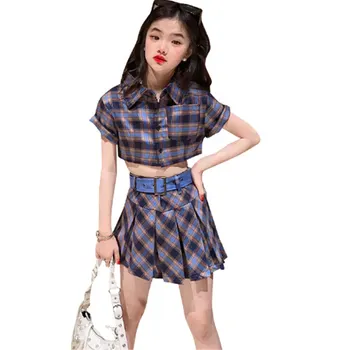 Çocuk Giysileri 2023 Yaz Kore Ekose Kız Üstleri + Kemer Etek Takım Elbise Moda İki Adet Kostümleri Çocuk giyim setleri 4-14 yıl